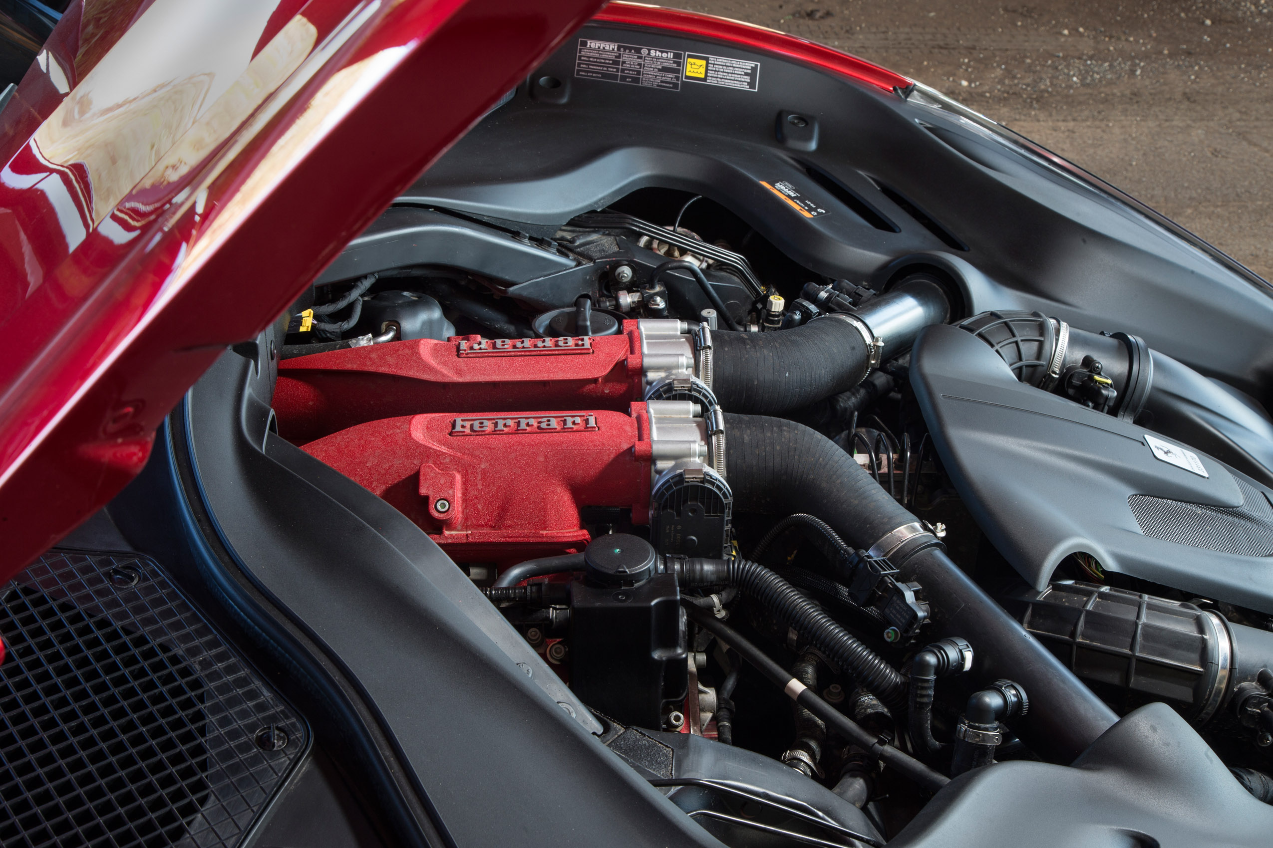 Closeup Ferrari Portofino Engine Bay Red Engine Cover Biturbo