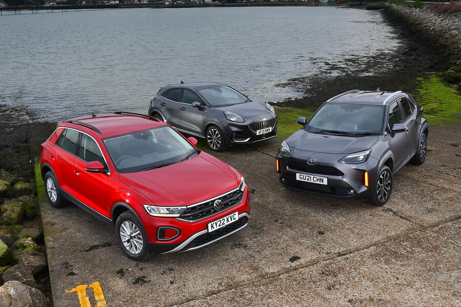 Red VW T-Roc with grey Ford Puma and grey Toyota Yaris Cross