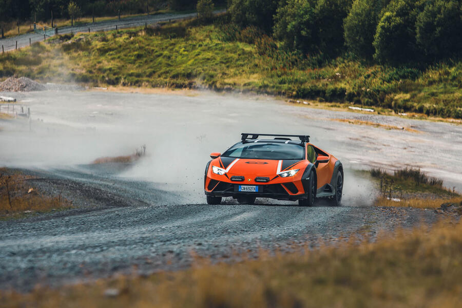 Lamborghini Huracan Sterrato powersliding on gravel â€“ front