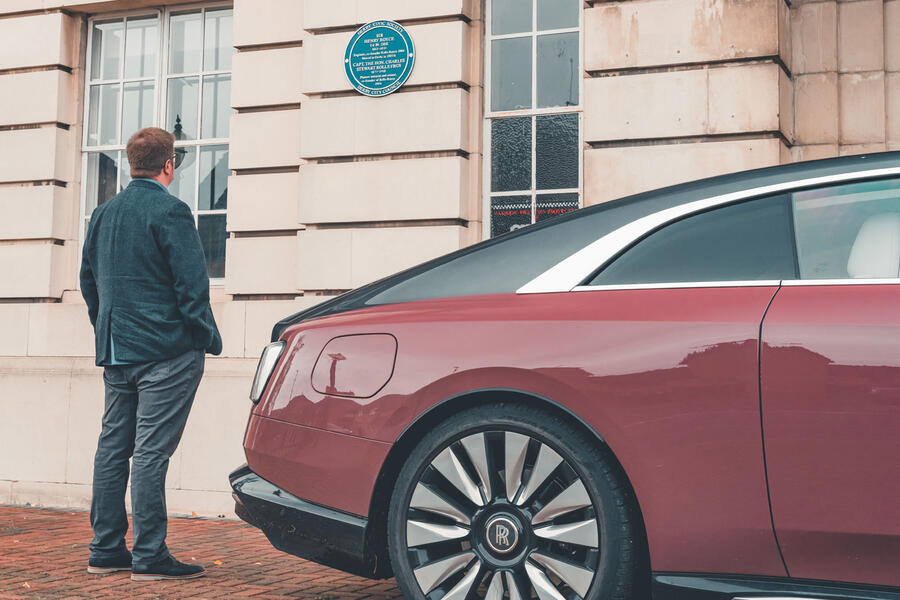 Matt Saunders with Rolls-Royce Spectre in front of Rolls-Royce Derby plant