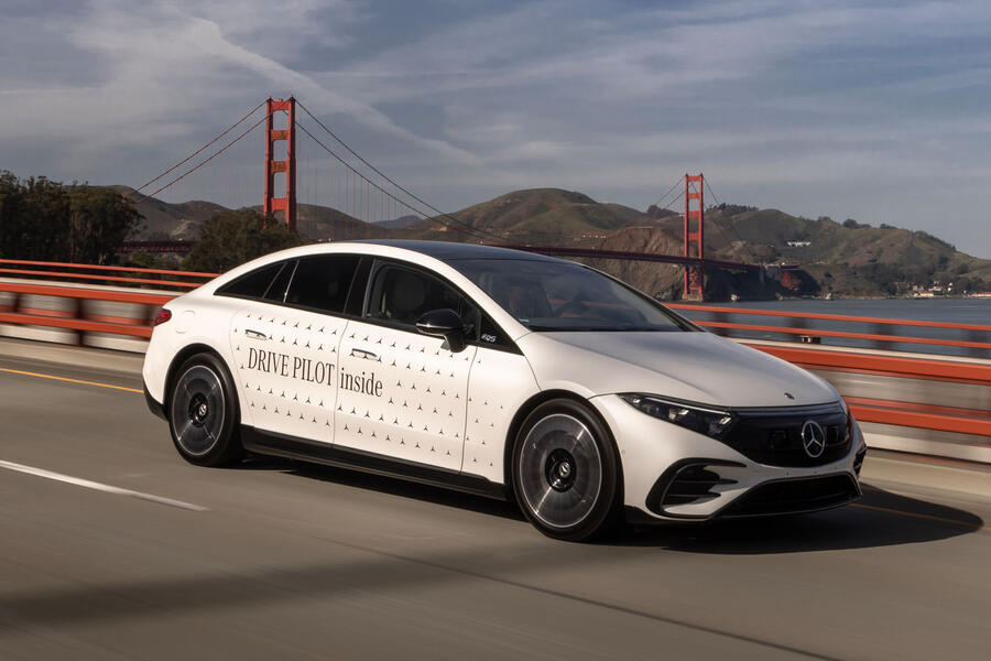 Mercedes EQS with Drive Pilot driver assistance passing the Golden Gate bridge