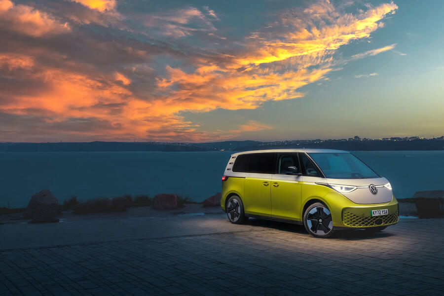 Volkswagen ID Buzz at sunrise â€“ front quarter parked