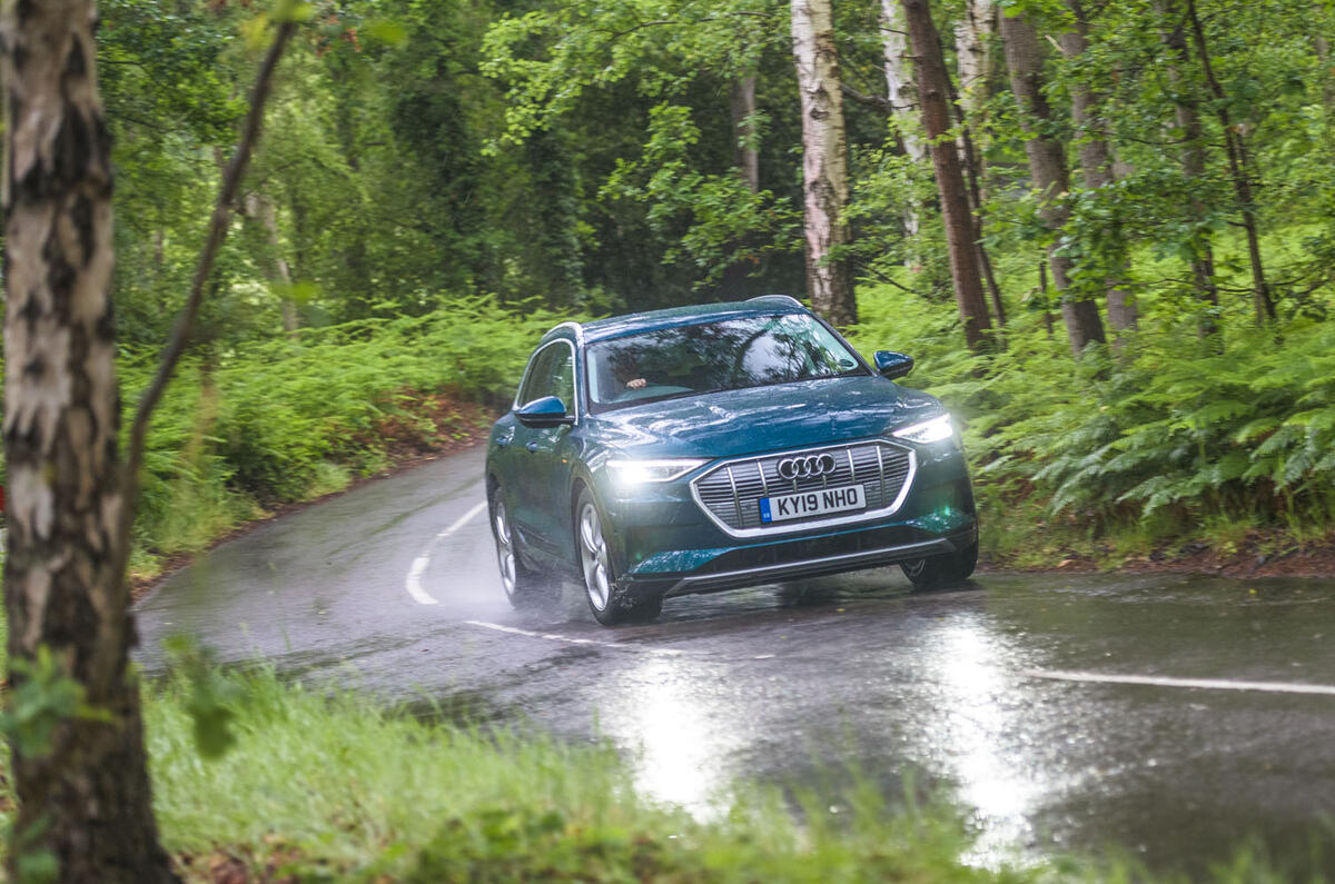 Audi E-tron 55 Quattro 2019 road test review - cornering front