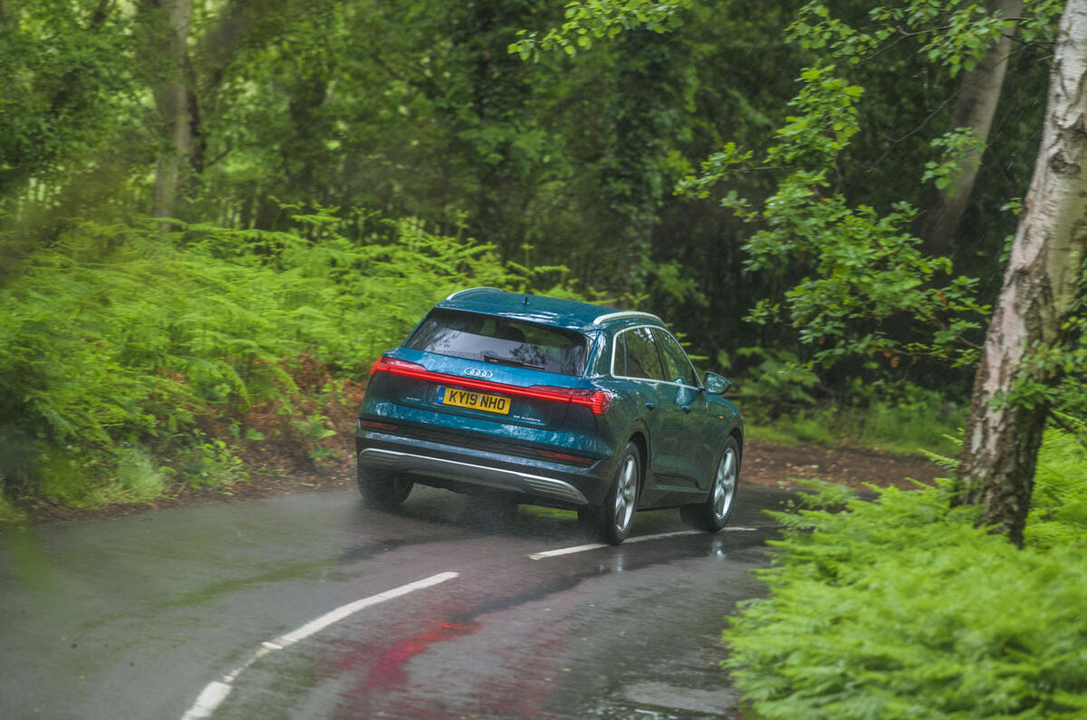 Audi E-tron 55 Quattro 2019 road test review - cornering rear