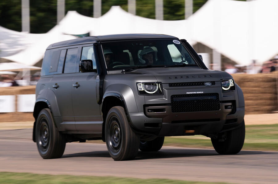 Defender Octa front quarter tracking Goodwood