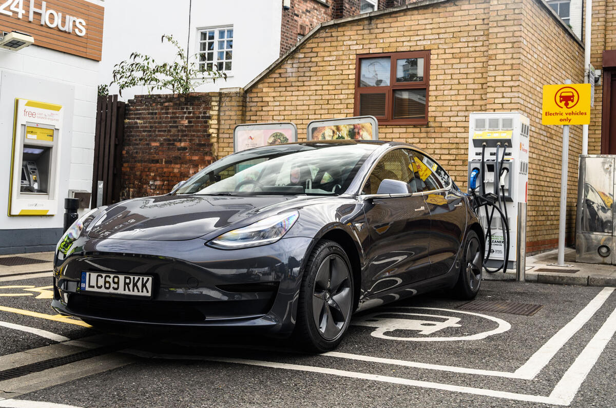 Tesla Model 3 at shell charge point